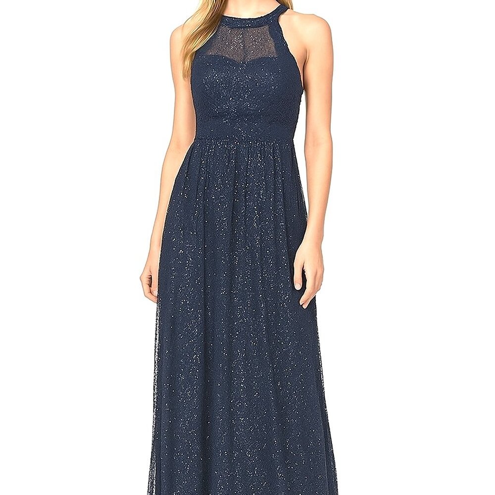 BEAUTY KAI Navy Floral Lace Long Formal Party Evening Gown Dress-Size S